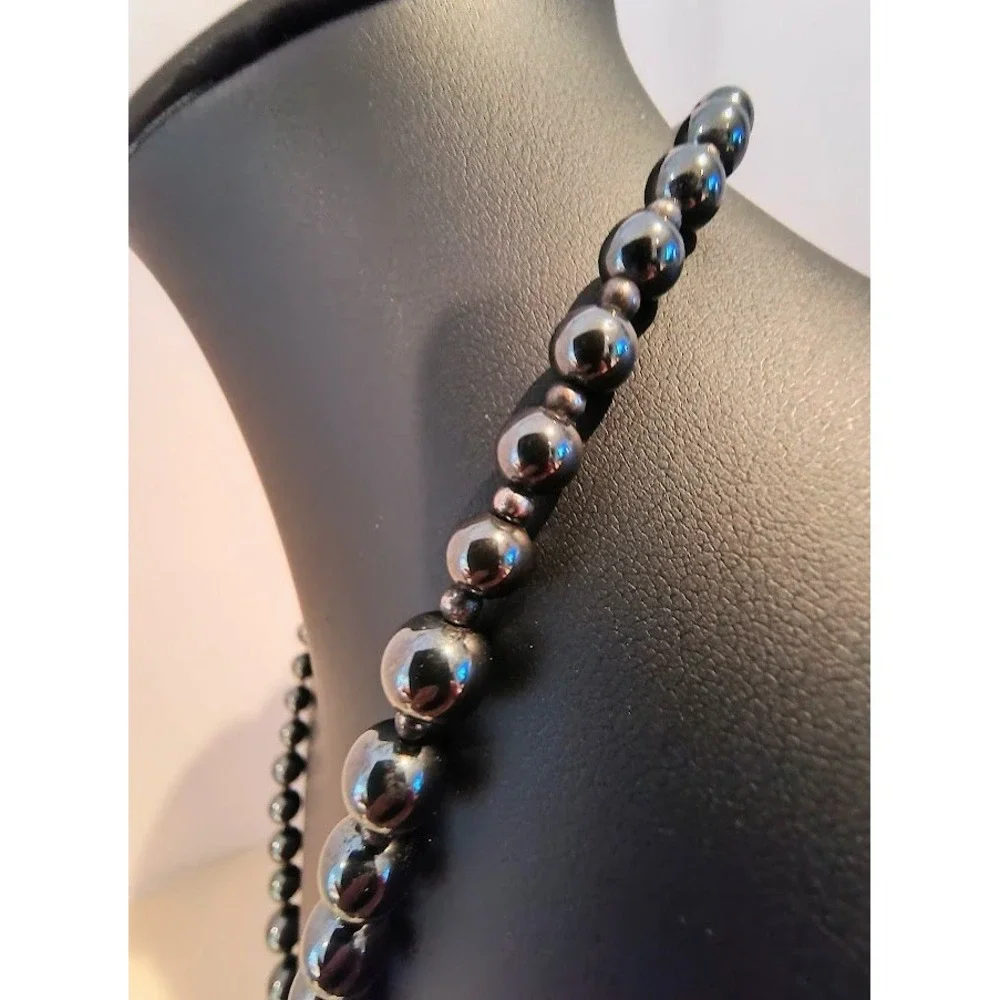 Vintage Hematite Beaded Necklace Graduated Beads Clasp Closure Statement Jewelry